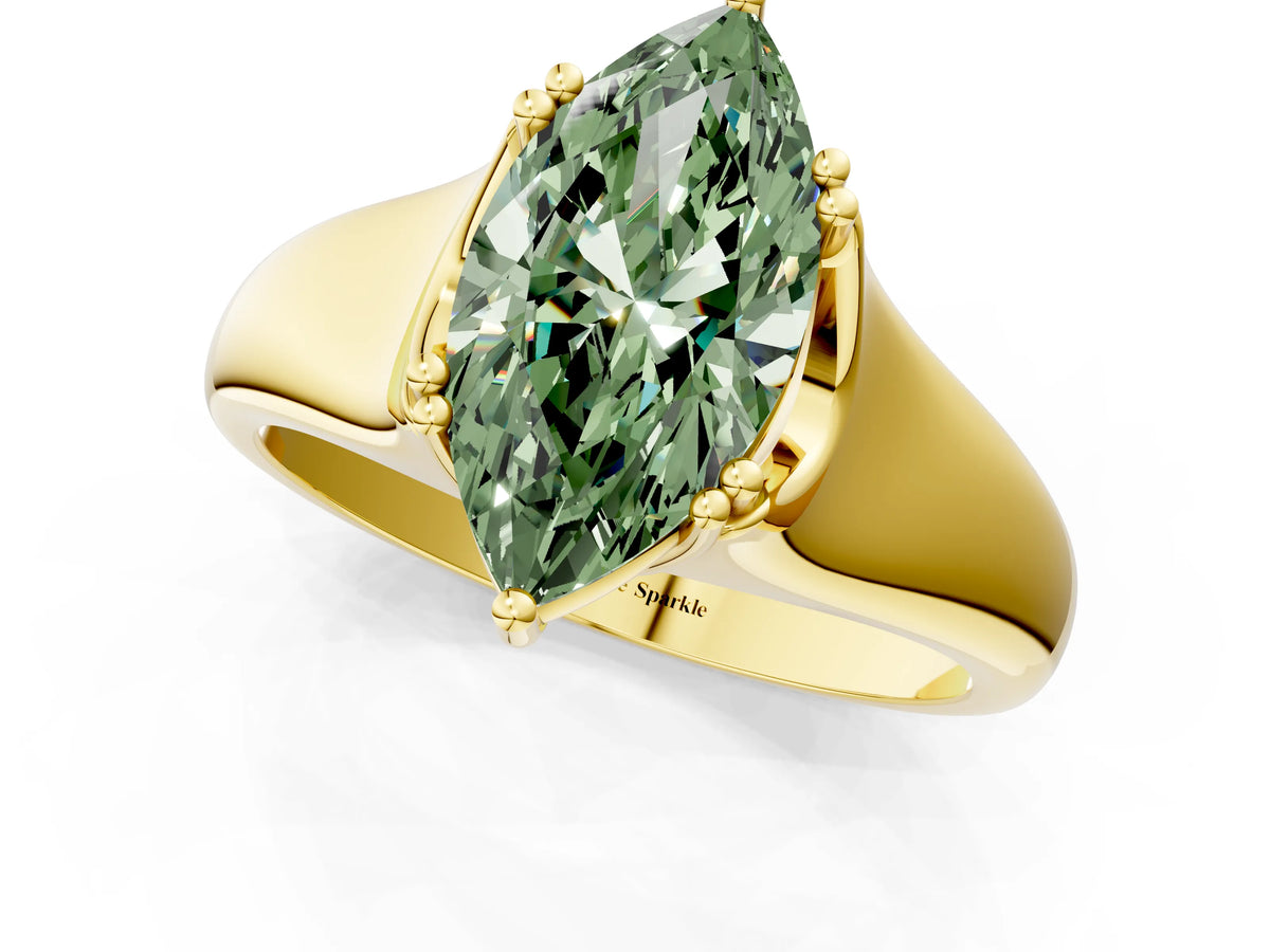 Fancy Green Marquise Cut Diamond Solitaire Ring in Yellow gold with Smooth Wide Band and Prong Setting_1