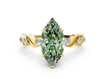 Fancy Green Marquise Cut Diamond Solitaire Ring in Yellow gold with Twisted Ribbon Band and Round Accents