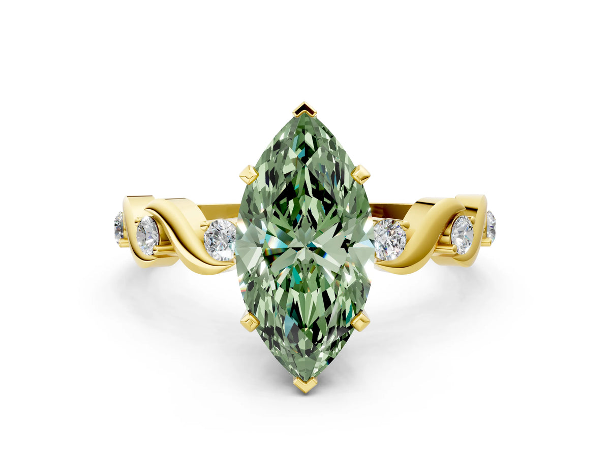 Fancy Green Marquise Cut Diamond Solitaire Ring in Yellow gold with Twisted Ribbon Band and Round Accents