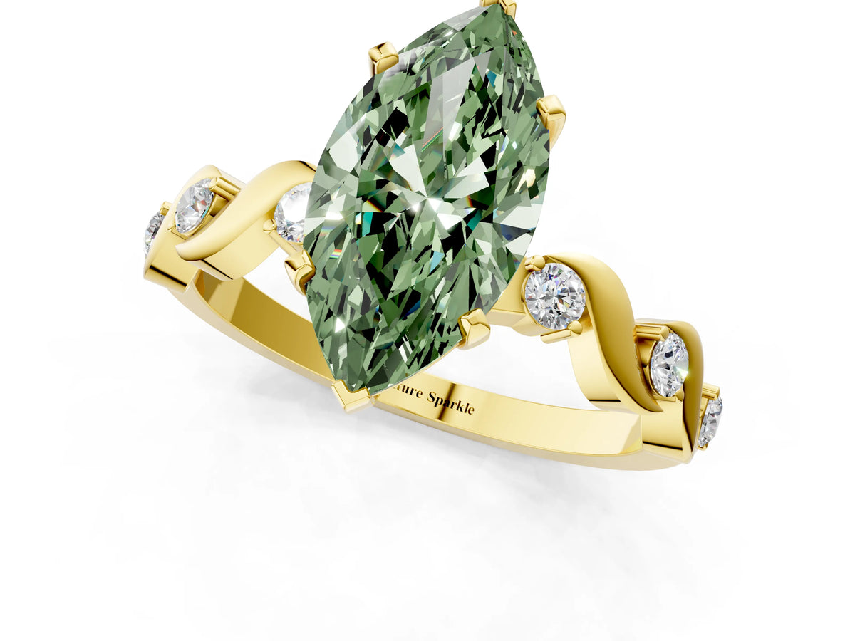 Fancy Green Marquise Cut Diamond Solitaire Ring in Yellow gold with Twisted Ribbon Band and Round Accents_1
