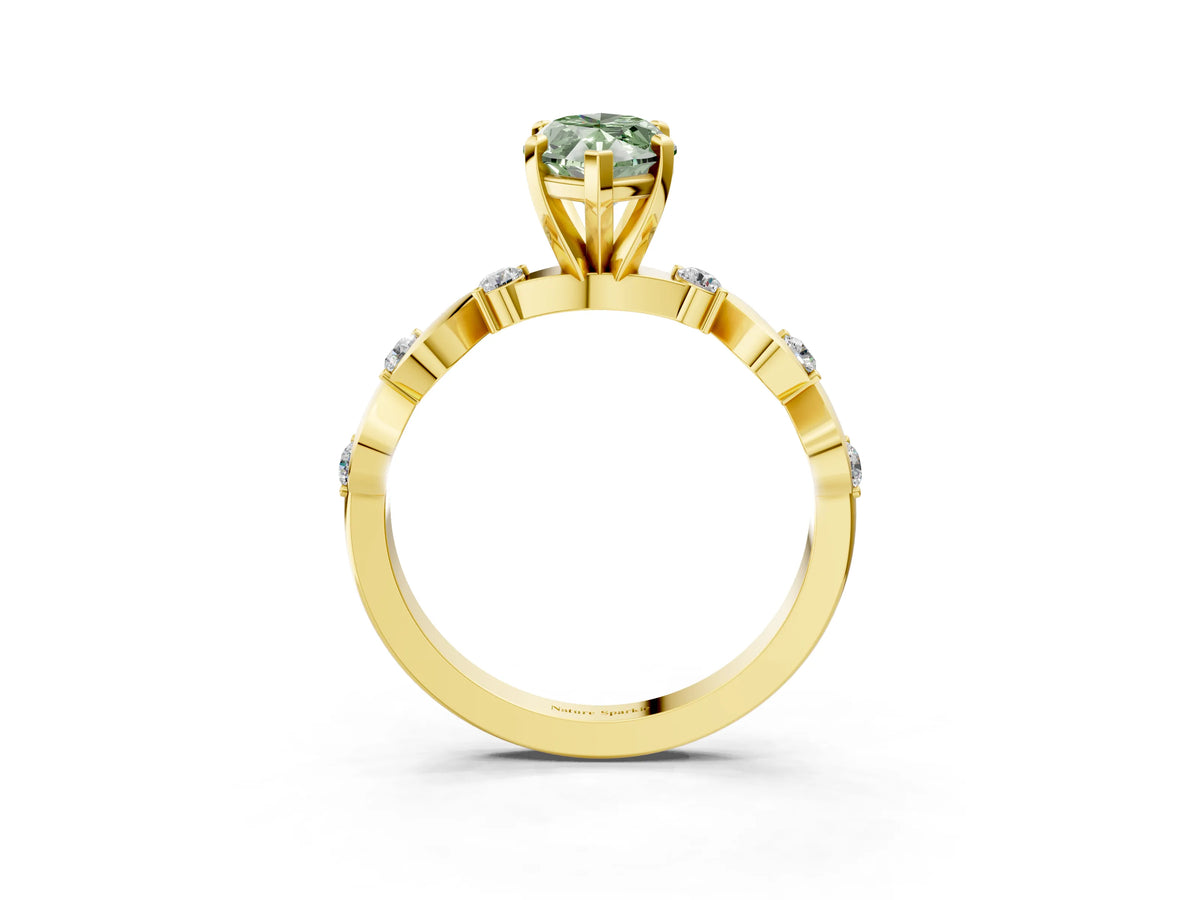 Fancy Green Marquise Cut Diamond Solitaire Ring in Yellow gold with Twisted Ribbon Band and Round Accents_3
