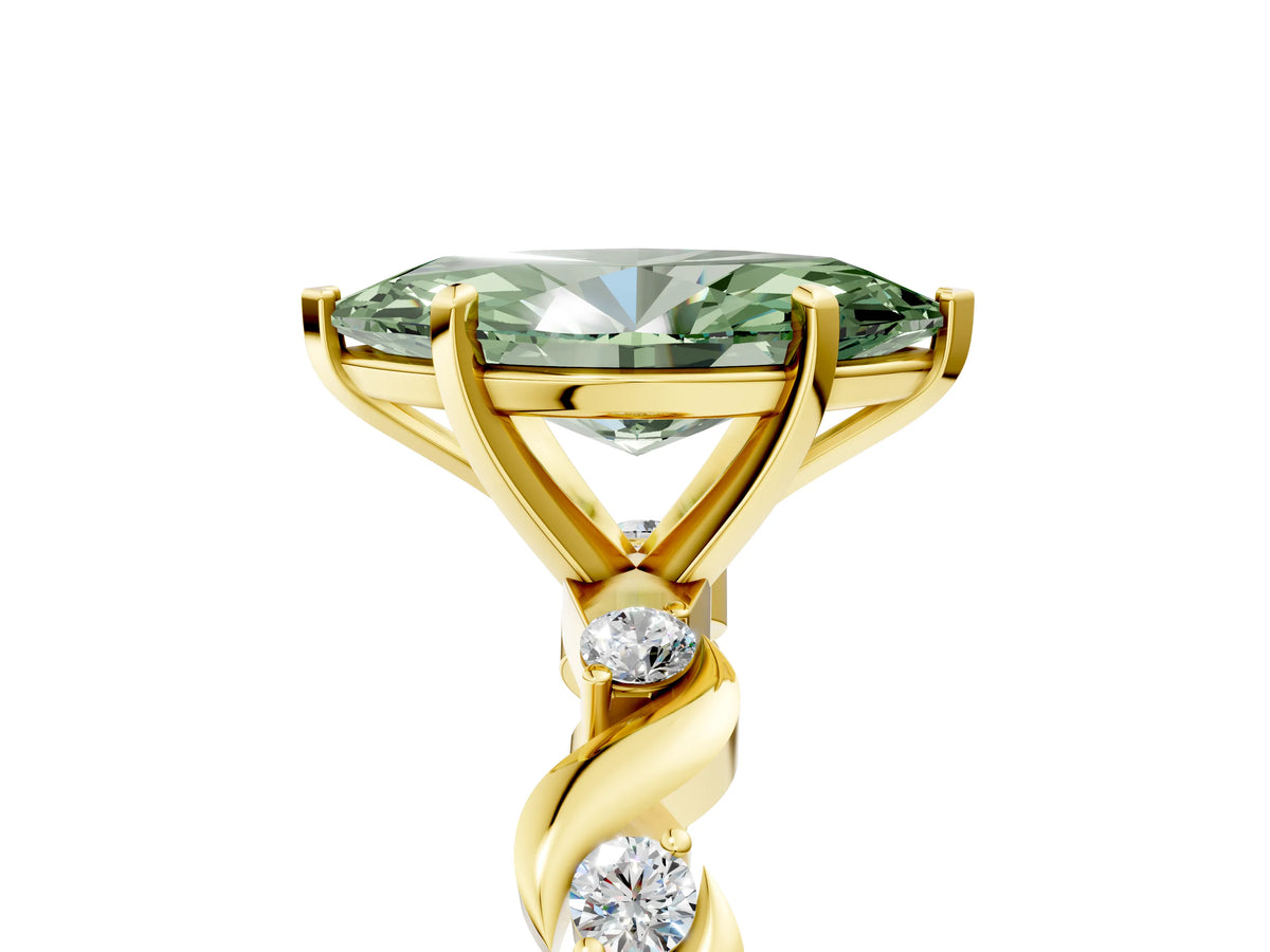 Fancy Green Marquise Cut Diamond Solitaire Ring in Yellow gold with Twisted Ribbon Band and Round Accents_5