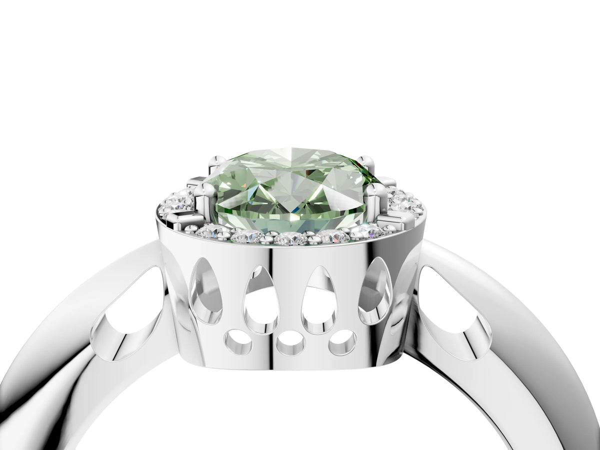 Fancy Green Oval Cut Diamond Halo Engagement Ring in Platinum with Plain Split Shank and Prong Setting_16