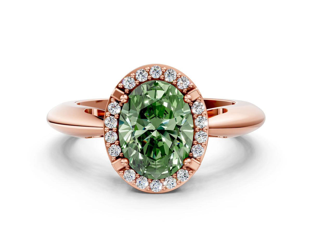 Fancy Green Oval Cut Diamond Halo Engagement Ring in Rose gold with Plain Split Shank and Prong Setting