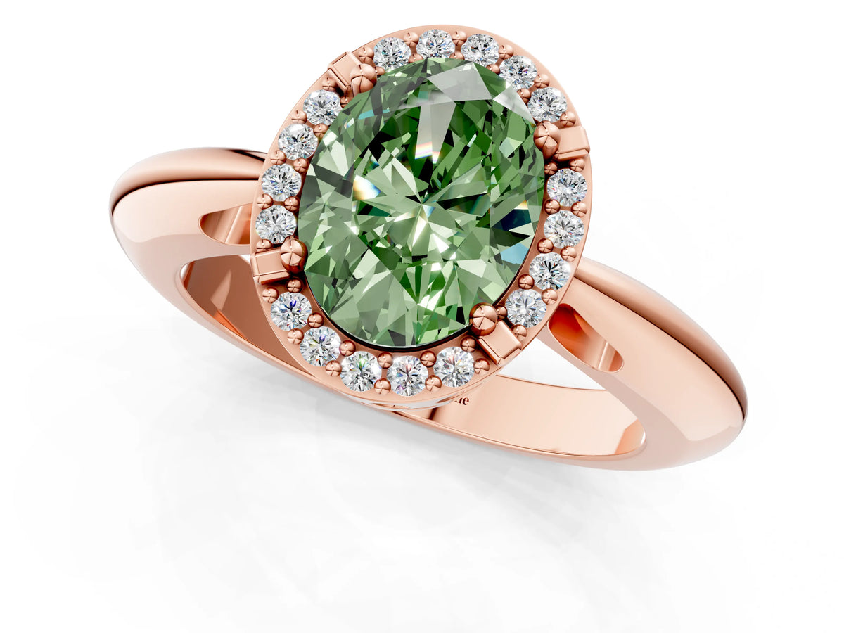 Fancy Green Oval Cut Diamond Halo Engagement Ring in Rose gold with Plain Split Shank and Prong Setting_1