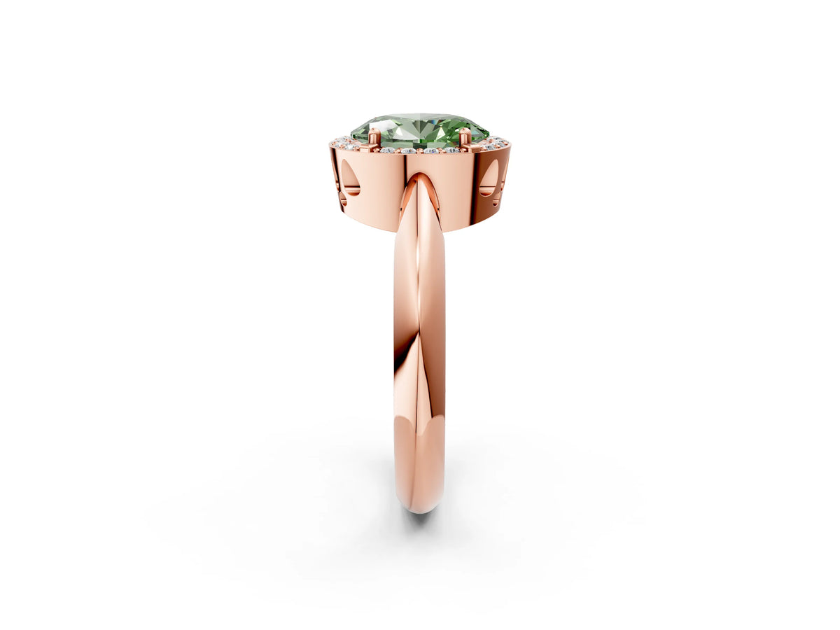 Fancy Green Oval Cut Diamond Halo Engagement Ring in Rose gold with Plain Split Shank and Prong Setting_2