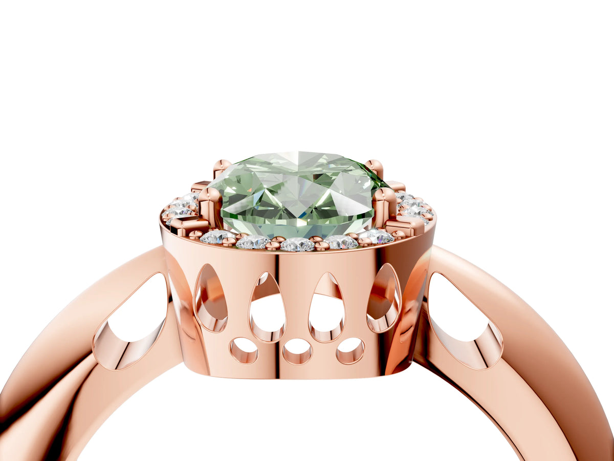 Fancy Green Oval Cut Diamond Halo Engagement Ring in Rose gold with Plain Split Shank and Prong Setting_4