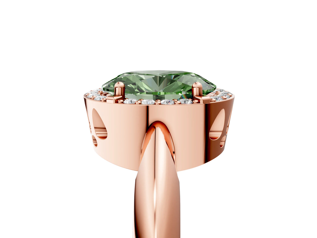 Fancy Green Oval Cut Diamond Halo Engagement Ring in Rose gold with Plain Split Shank and Prong Setting_5