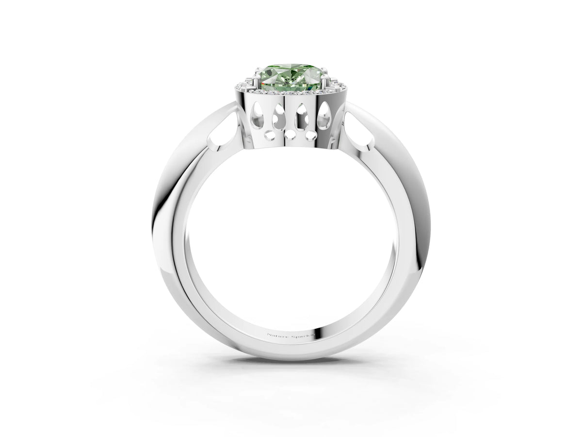 Fancy Green Oval Cut Diamond Halo Engagement Ring in White gold with Plain Split Shank and Prong Setting_3