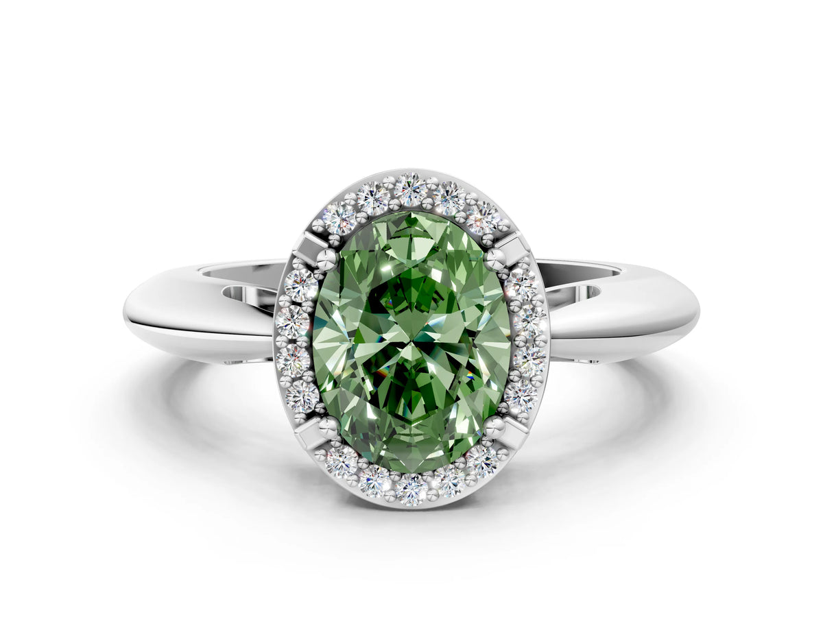 Fancy Green Oval Cut Diamond Halo Engagement Ring in White gold with Plain Split Shank and Prong Setting