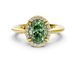 Fancy Green Oval Cut Diamond Halo Engagement Ring in Yellow gold with Plain Split Shank and Prong Setting
