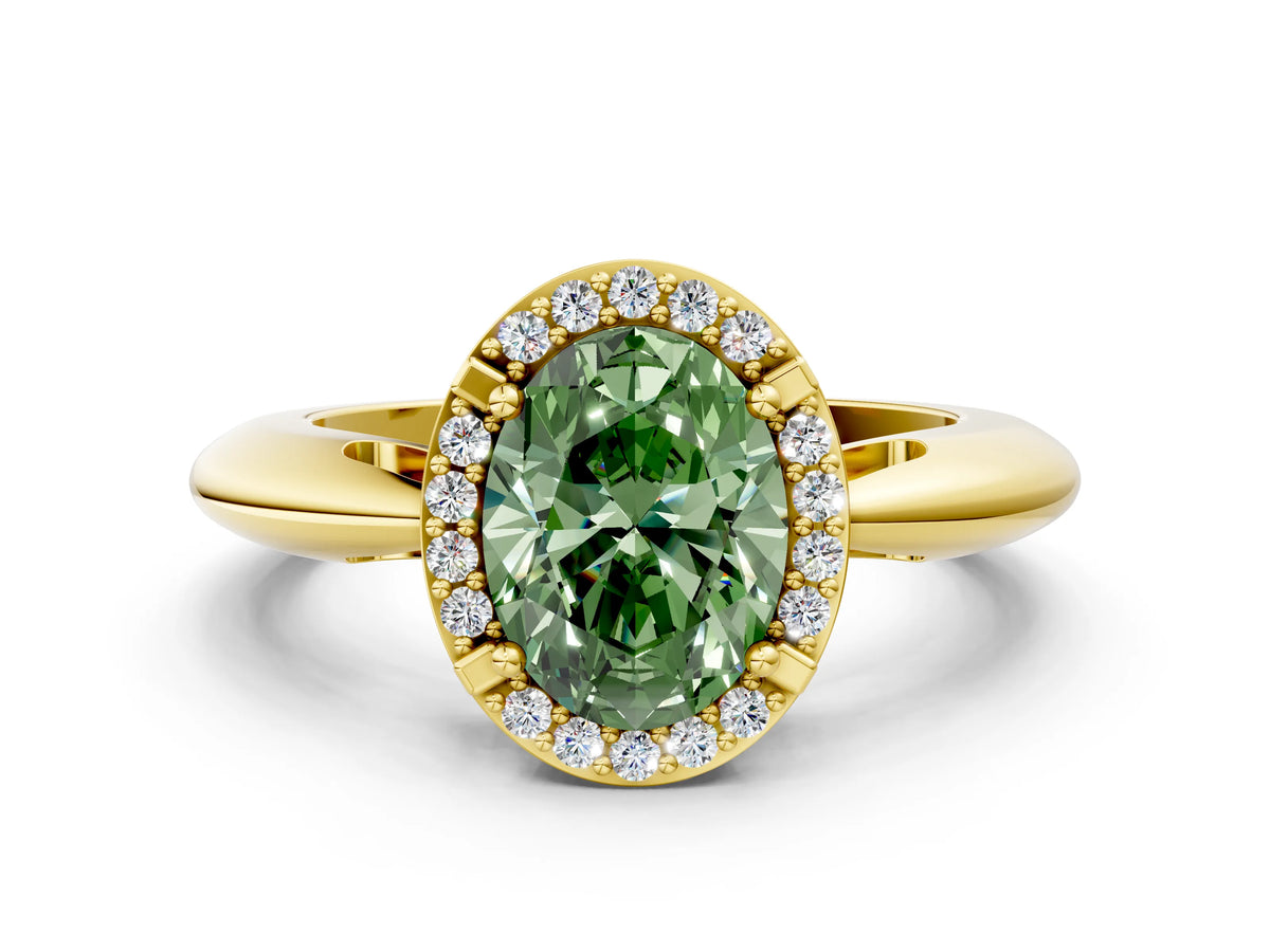 Fancy Green Oval Cut Diamond Halo Engagement Ring in Yellow gold with Plain Split Shank and Prong Setting