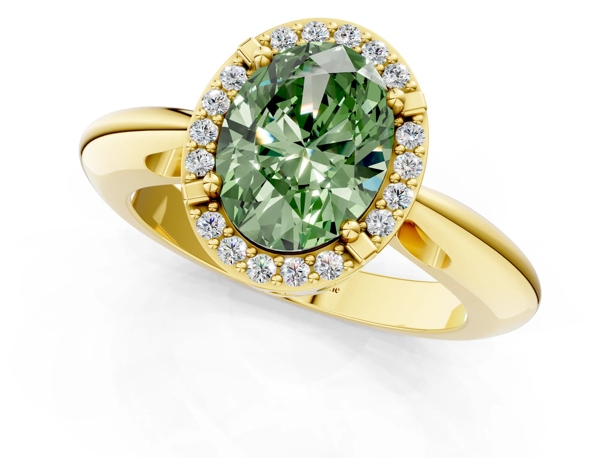 Fancy Green Oval Cut Diamond Halo Engagement Ring in Yellow gold with Plain Split Shank and Prong Setting_1