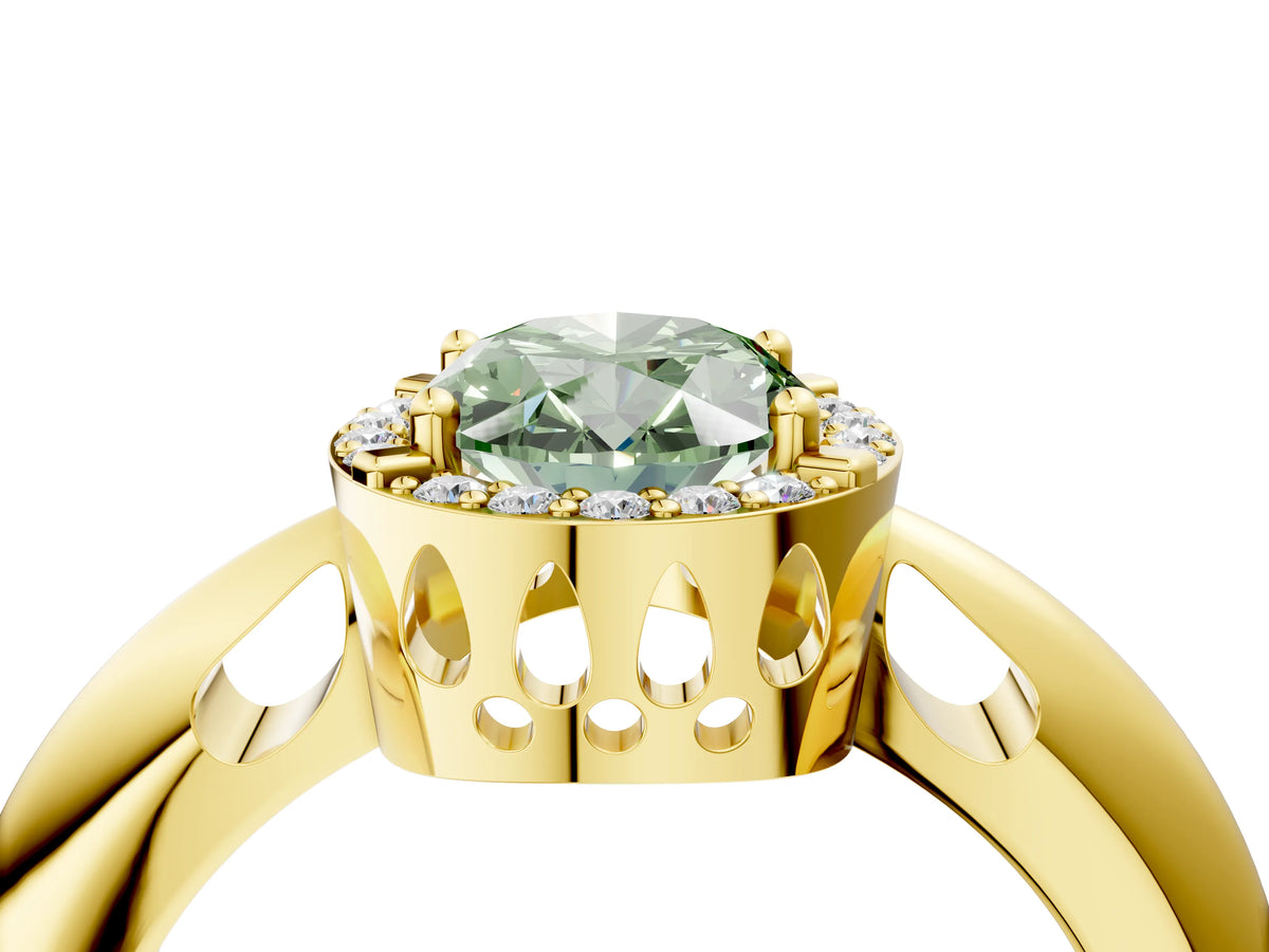Fancy Green Oval Cut Diamond Halo Engagement Ring in Yellow gold with Plain Split Shank and Prong Setting_4