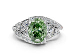 Fancy Green Oval Cut Diamond Halo Ring in Platinum with Marquise and Pavé Band in Prong Setting_12