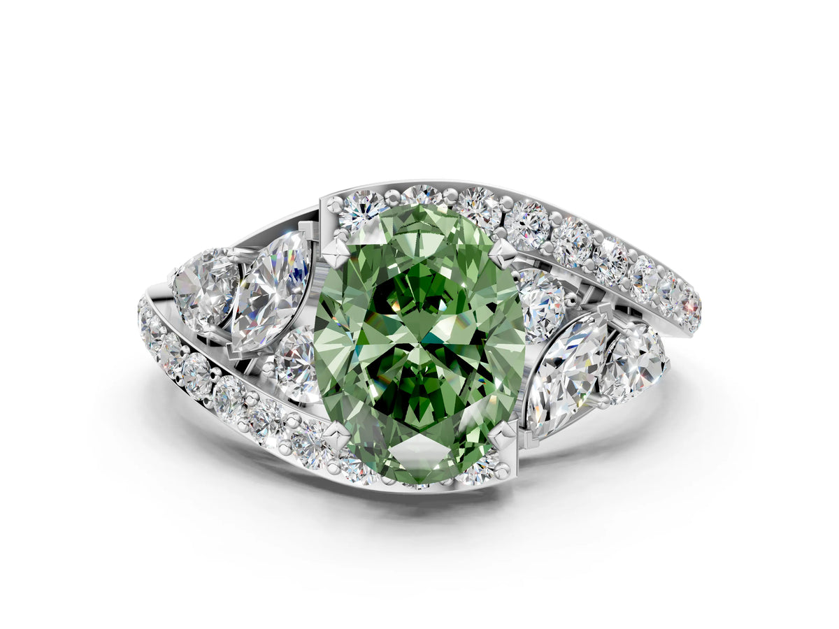Fancy Green Oval Cut Diamond Halo Ring in Platinum with Marquise and Pavé Band in Prong Setting_12
