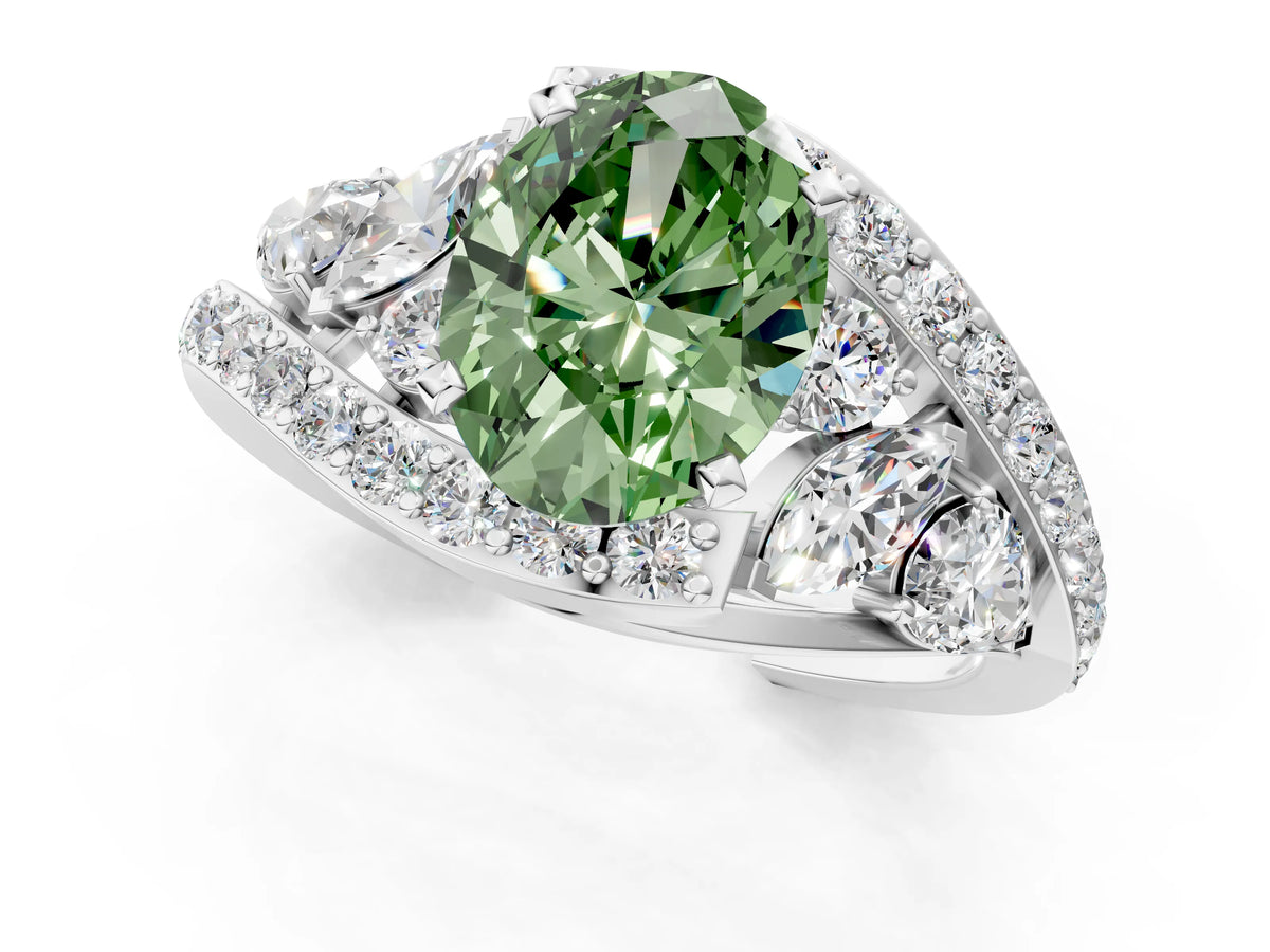 Fancy Green Oval Cut Diamond Halo Ring in Platinum with Marquise and Pavé Band in Prong Setting_13