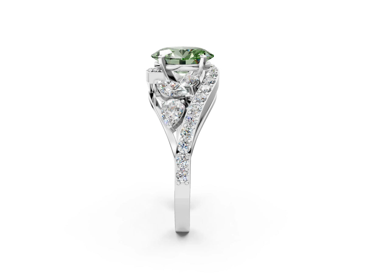 Fancy Green Oval Cut Diamond Halo Ring in Platinum with Marquise and Pavé Band in Prong Setting_14