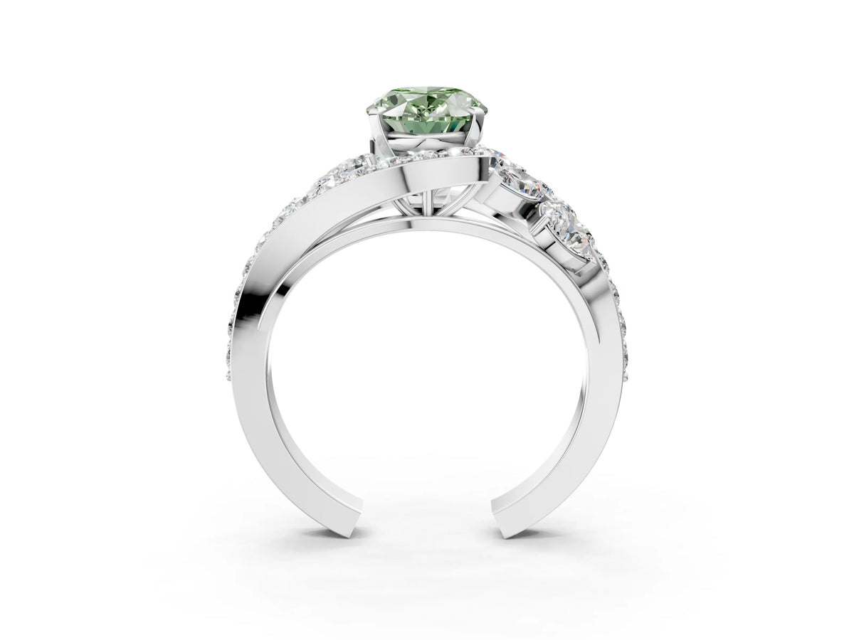 Fancy Green Oval Cut Diamond Halo Ring in Platinum with Marquise and Pavé Band in Prong Setting_15
