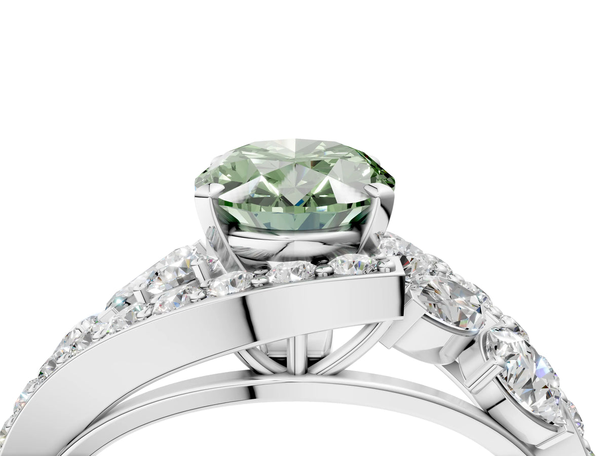 Fancy Green Oval Cut Diamond Halo Ring in Platinum with Marquise and Pavé Band in Prong Setting_16