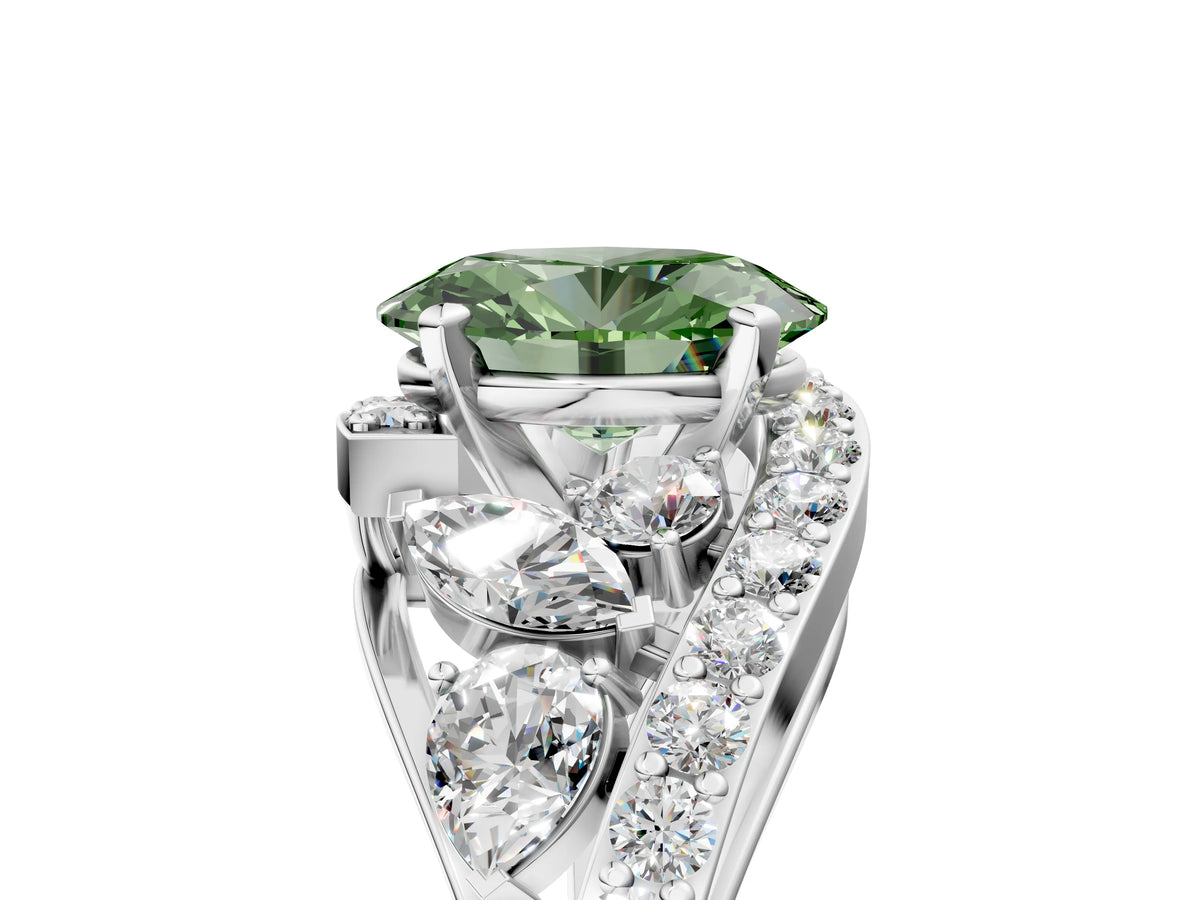 Fancy Green Oval Cut Diamond Halo Ring in Platinum with Marquise and Pavé Band in Prong Setting_17
