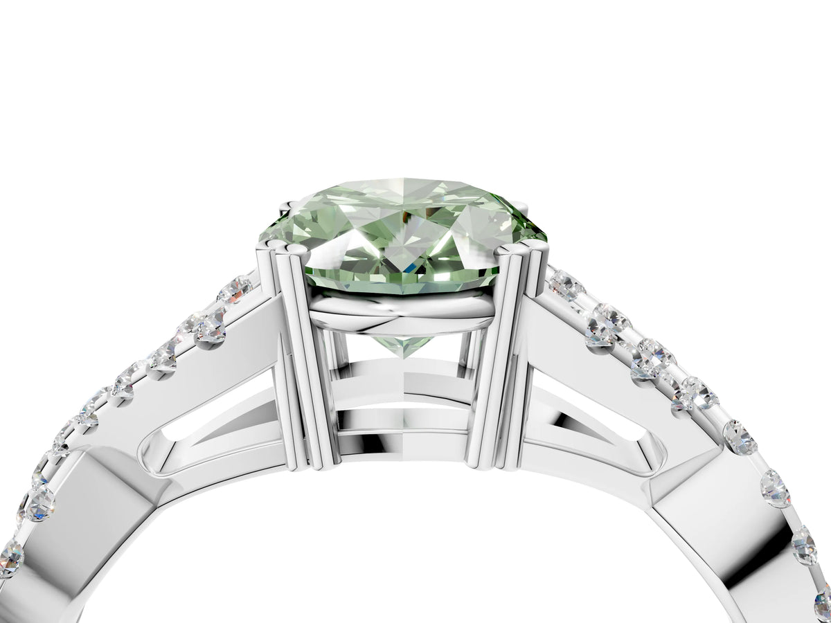 Fancy Green Oval Cut Diamond Solitaire Ring in Platinum with Interwoven Pavé Band and Prong Setting_10