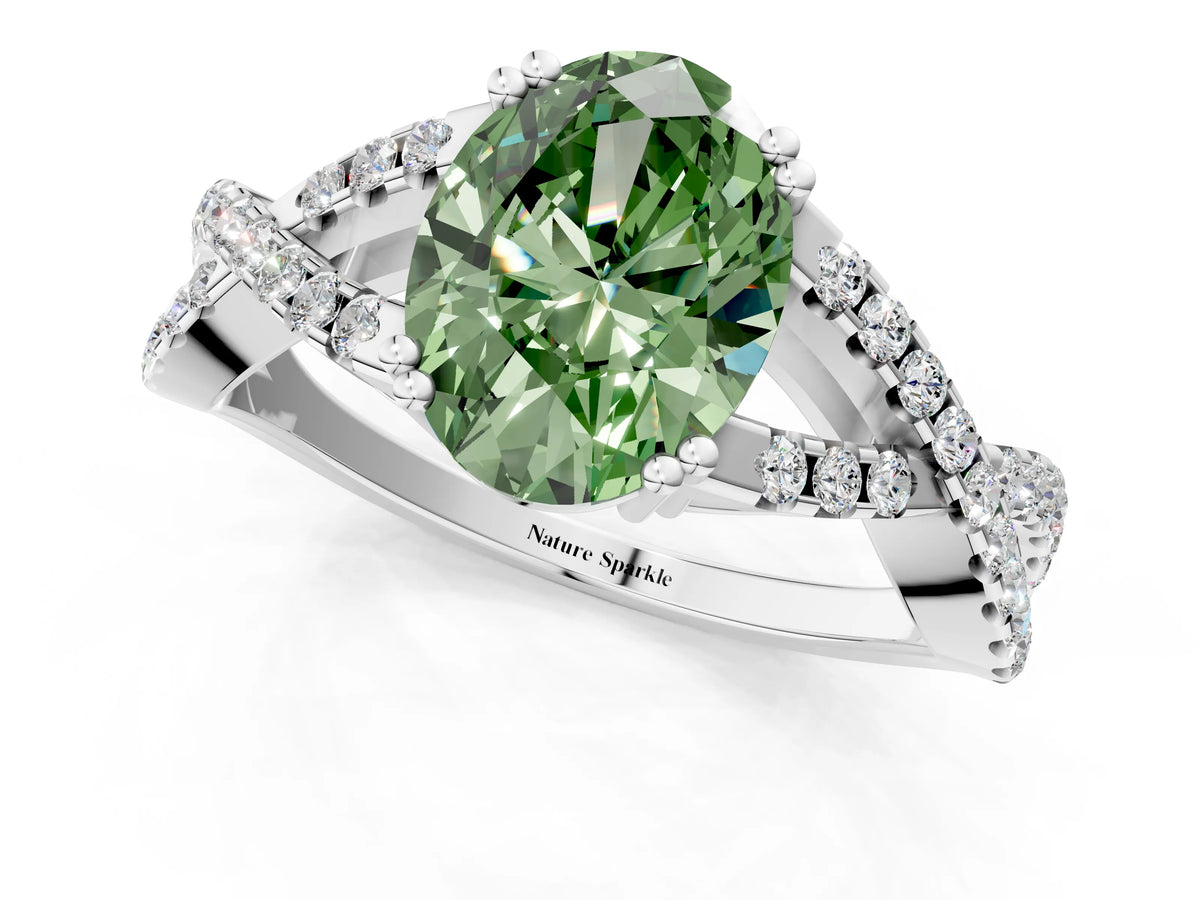 Fancy Green Oval Cut Diamond Solitaire Ring in Platinum with Interwoven Pavé Band and Prong Setting_7