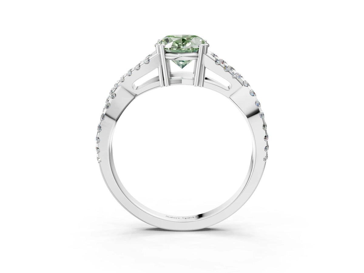 Fancy Green Oval Cut Diamond Solitaire Ring in Platinum with Interwoven Pavé Band and Prong Setting_9