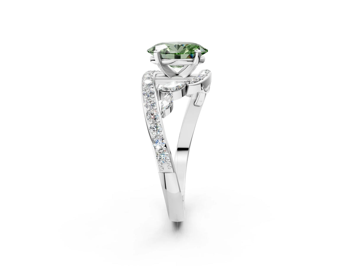Fancy Green Oval Cut Diamond Solitaire Ring in Platinum with Pavé Twist Band and Prong Setting_8