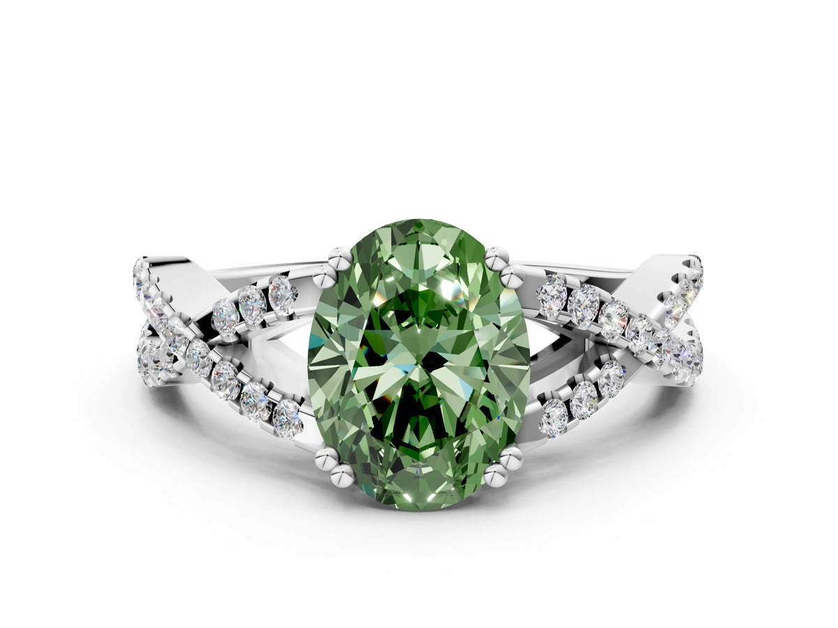Fancy Green Oval Cut Diamond Solitaire Ring in White gold with Interwoven Pavé Band and Prong Setting