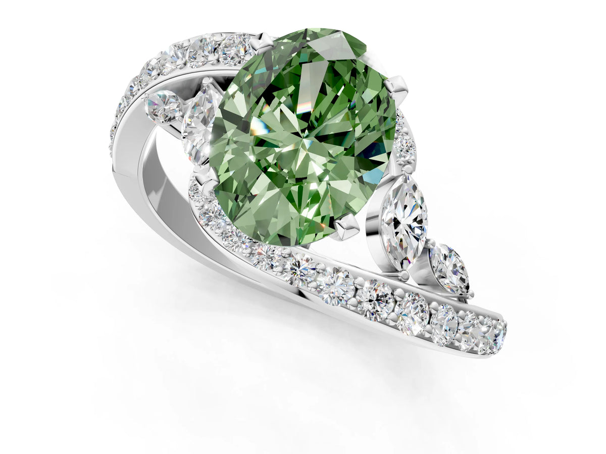 Fancy Green Oval Cut Diamond Solitaire Ring in White gold with Pavé Twist Band and Prong Setting_1