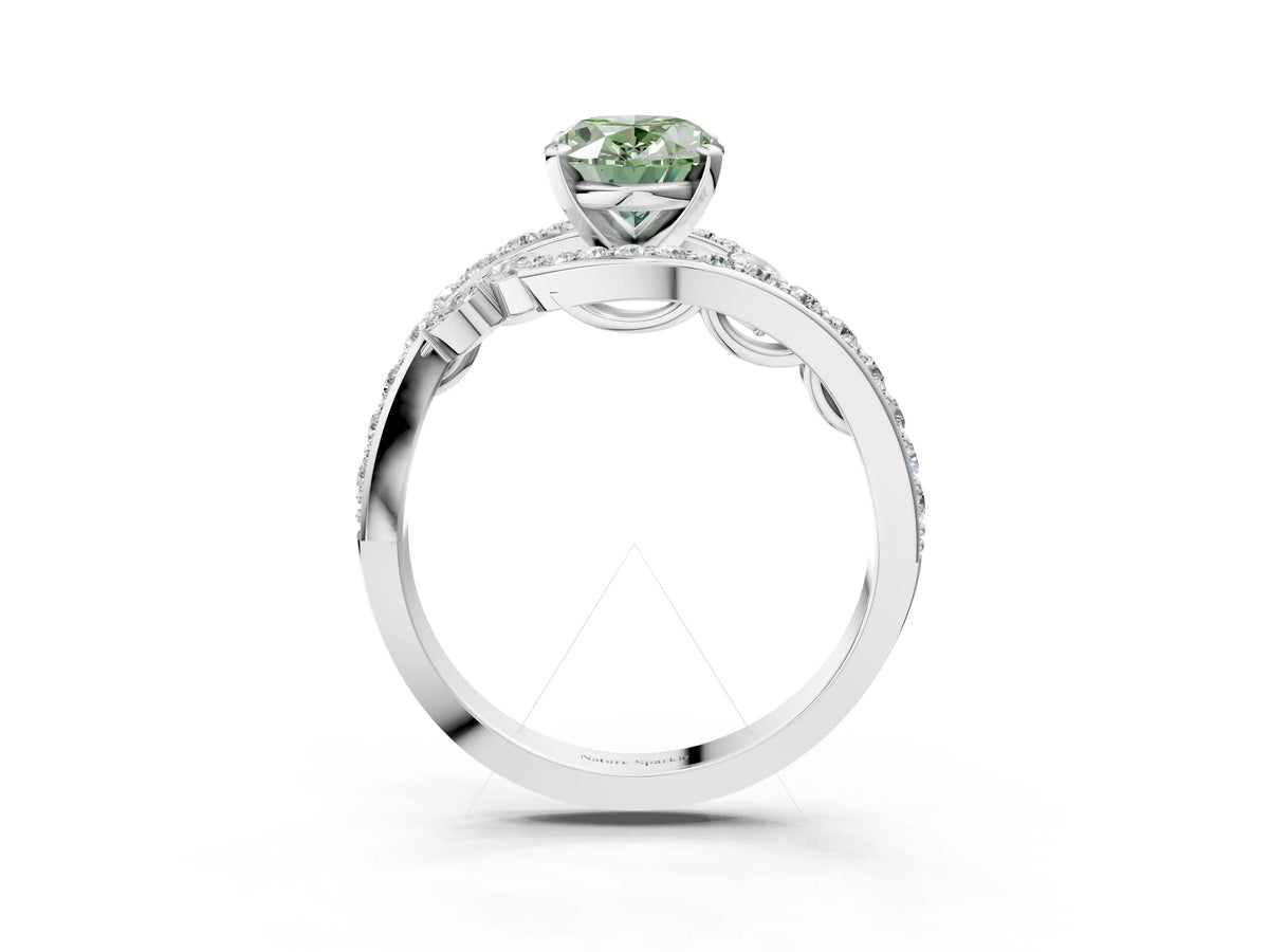 Fancy Green Oval Cut Diamond Solitaire Ring in White gold with Pavé Twist Band and Prong Setting_3