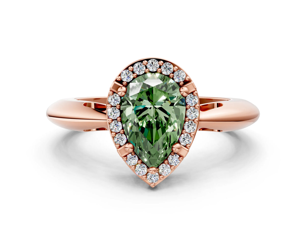 Fancy Green Pear Cut Diamond Halo Engagement Ring in Rose gold with Plain Split Shank and Prong Setting