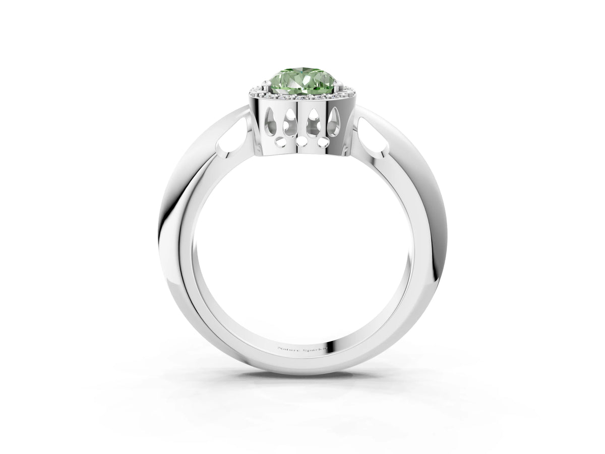 Fancy Green Pear Cut Diamond Halo Engagement Ring in White gold with Plain Split Shank and Prong Setting_3