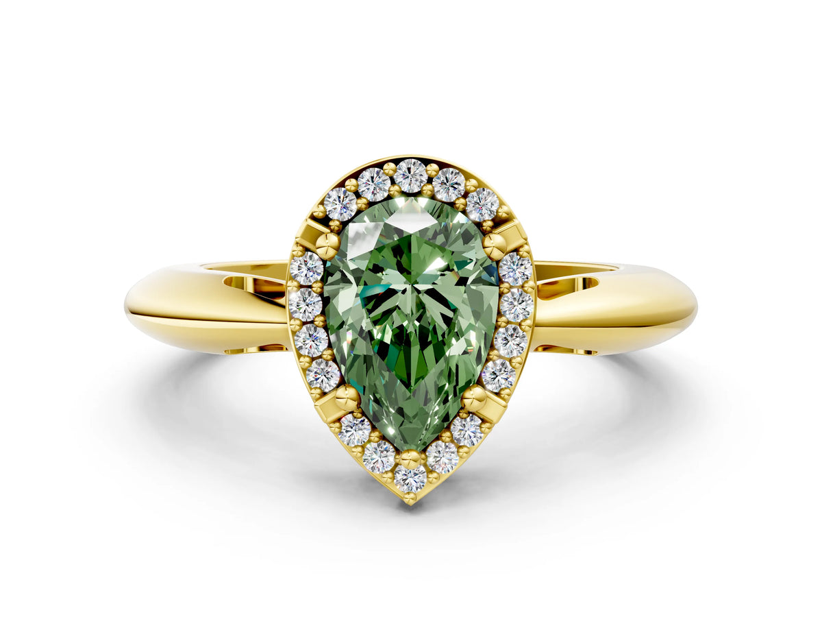 Fancy Green Pear Cut Diamond Halo Engagement Ring in Yellow gold with Plain Split Shank and Prong Setting