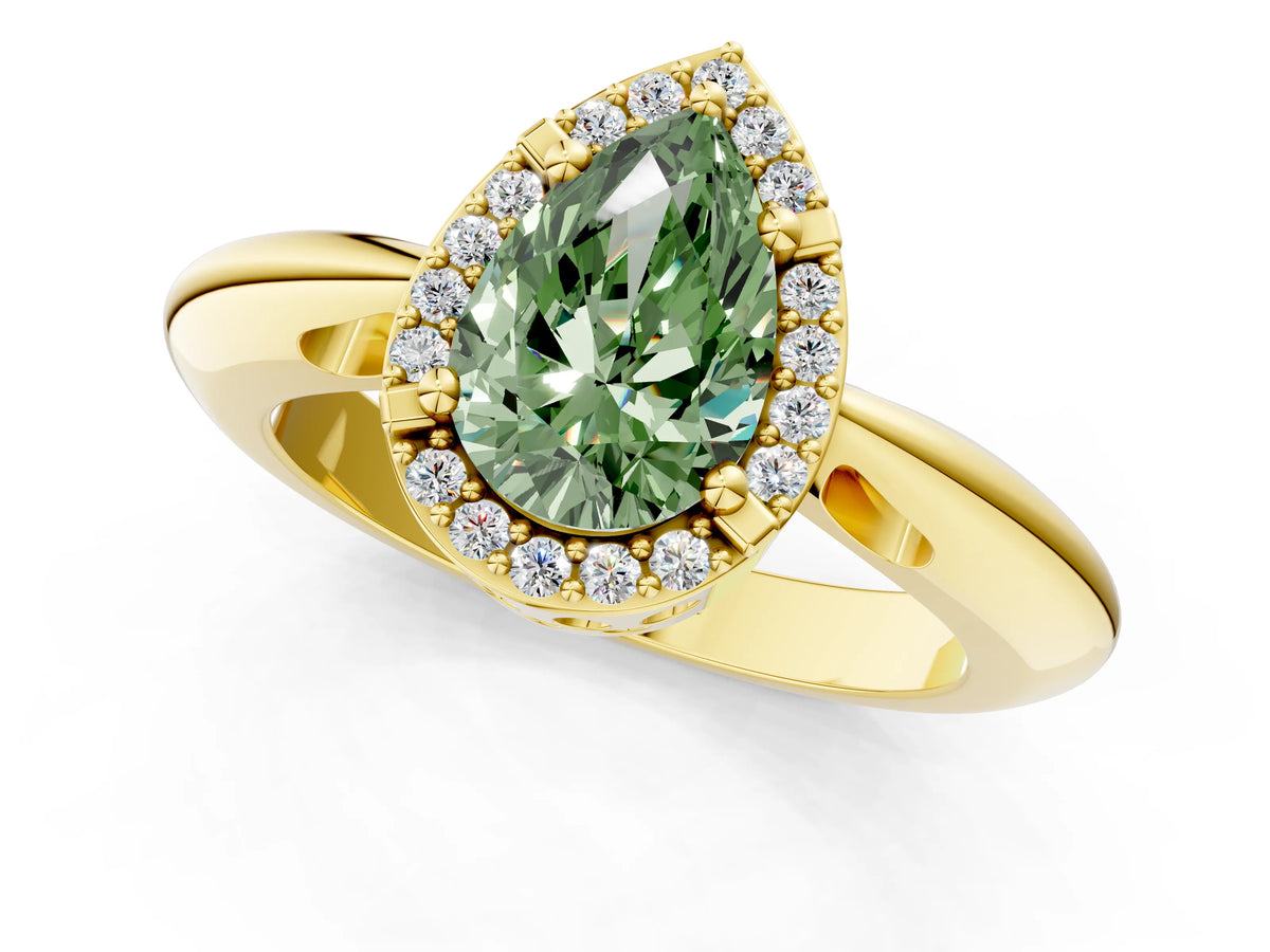 Fancy Green Pear Cut Diamond Halo Engagement Ring in Yellow gold with Plain Split Shank and Prong Setting_1