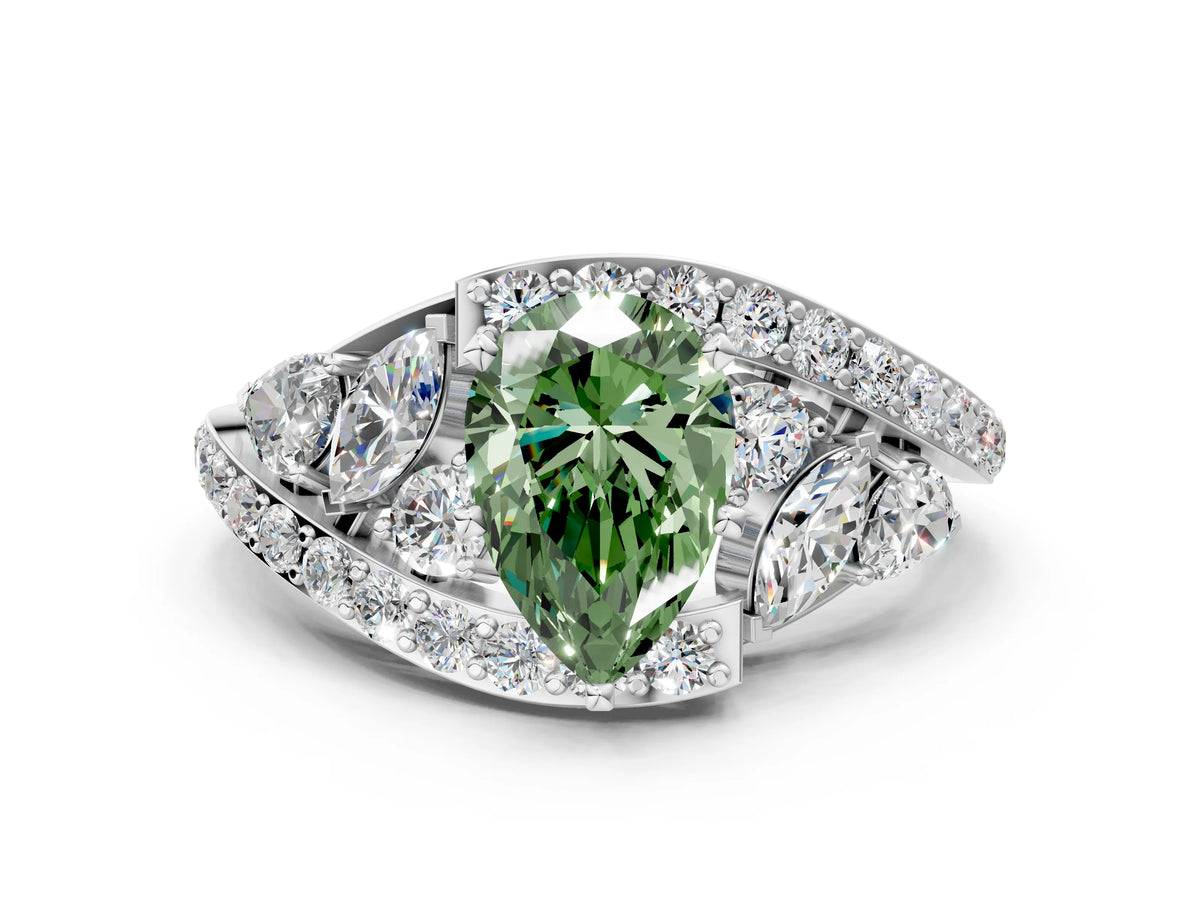 Fancy Green Pear Cut Diamond Halo Ring in Platinum with Marquise and Pavé Band in Prong Setting_12