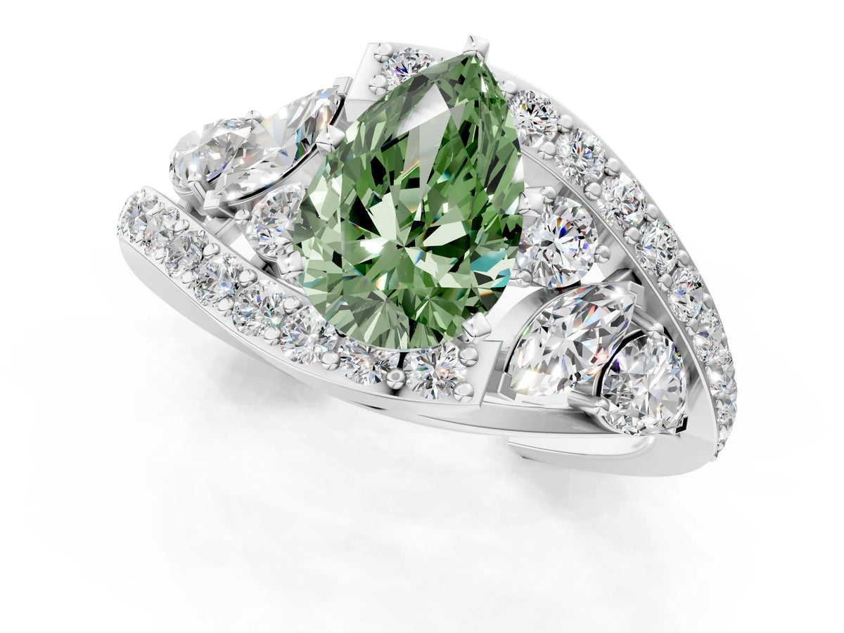 Fancy Green Pear Cut Diamond Halo Ring in Platinum with Marquise and Pavé Band in Prong Setting_13