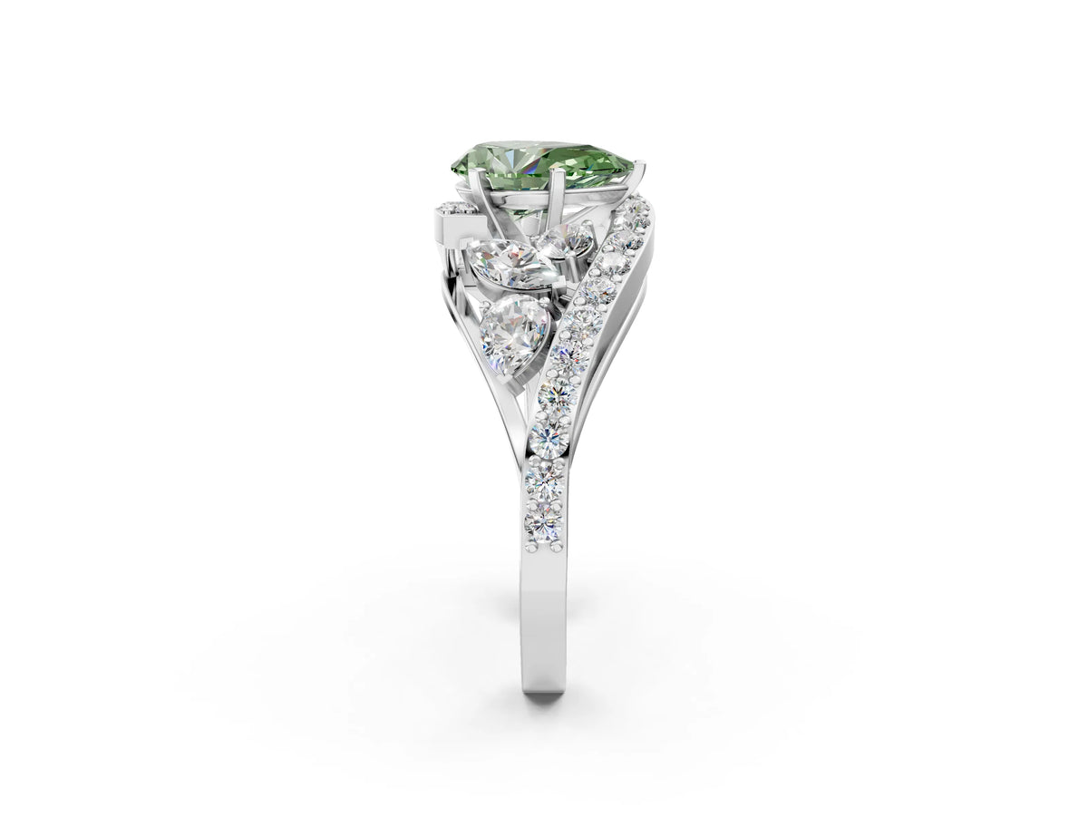 Fancy Green Pear Cut Diamond Halo Ring in Platinum with Marquise and Pavé Band in Prong Setting_14