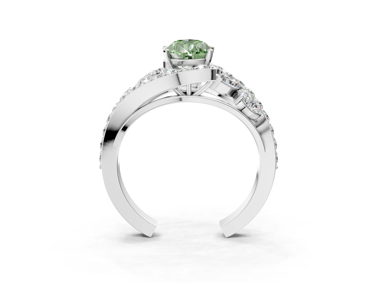 Fancy Green Pear Cut Diamond Halo Ring in Platinum with Marquise and Pavé Band in Prong Setting_15