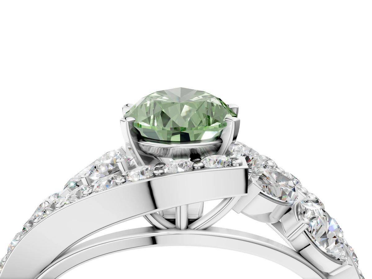 Fancy Green Pear Cut Diamond Halo Ring in Platinum with Marquise and Pavé Band in Prong Setting_16