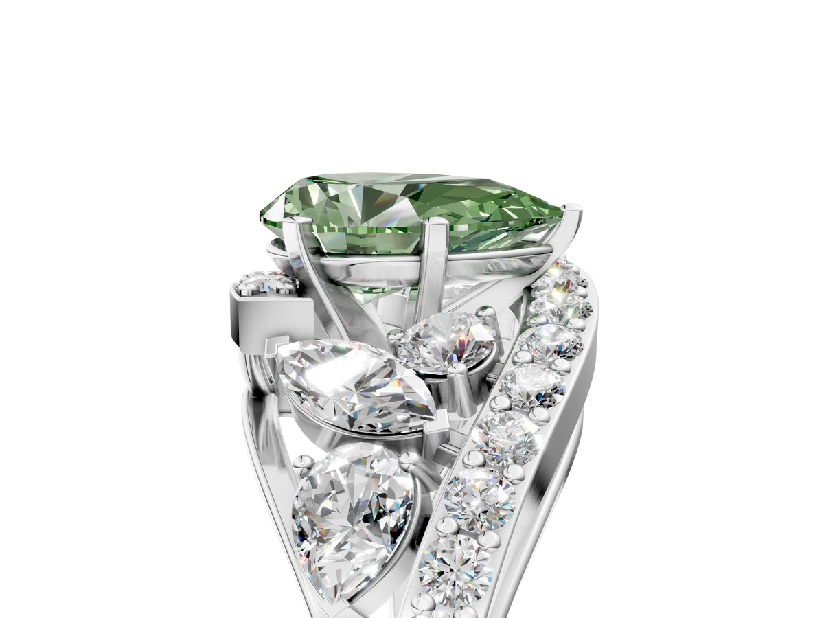 Fancy Green Pear Cut Diamond Halo Ring in Platinum with Marquise and Pavé Band in Prong Setting_17