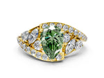 Fancy Green Pear Cut Diamond Halo Ring in Yellow gold with Marquise and Pavé Band in Prong Setting
