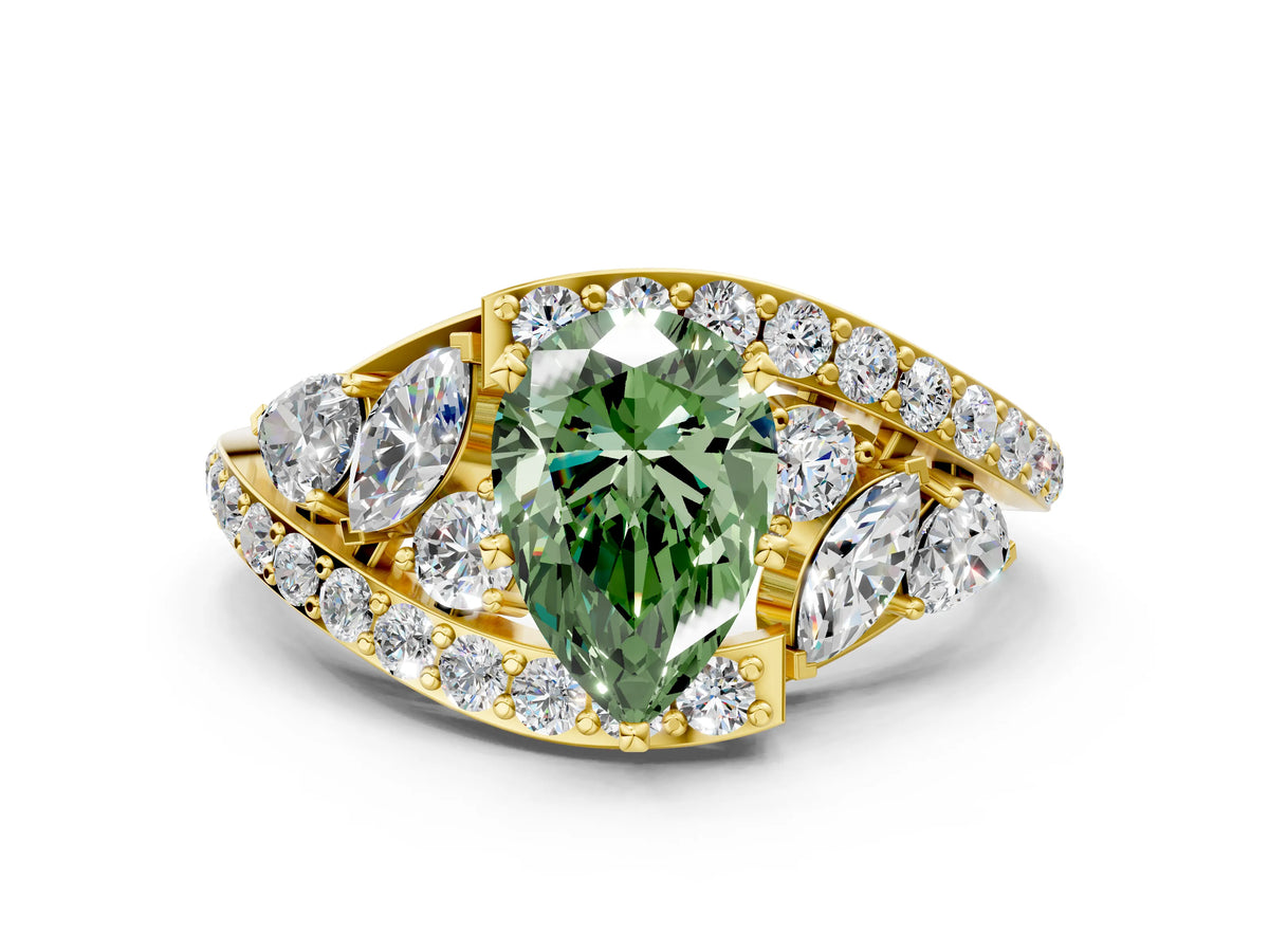 Fancy Green Pear Cut Diamond Halo Ring in Yellow gold with Marquise and Pavé Band in Prong Setting