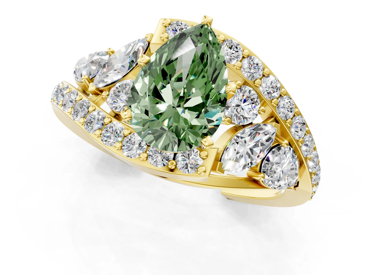 Fancy Green Pear Cut Diamond Halo Ring in Yellow gold with Marquise and Pavé Band in Prong Setting_1
