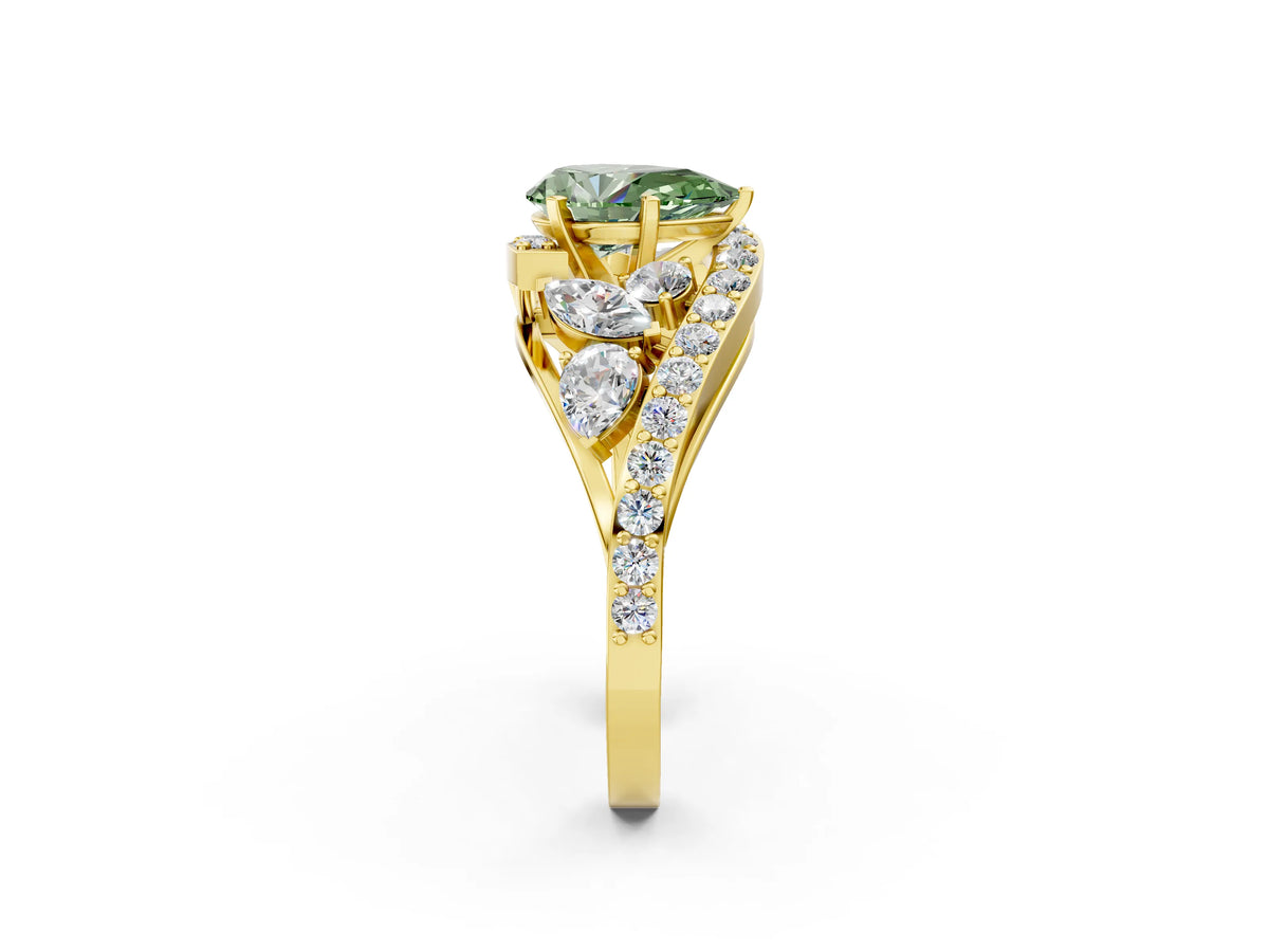 Fancy Green Pear Cut Diamond Halo Ring in Yellow gold with Marquise and Pavé Band in Prong Setting_2