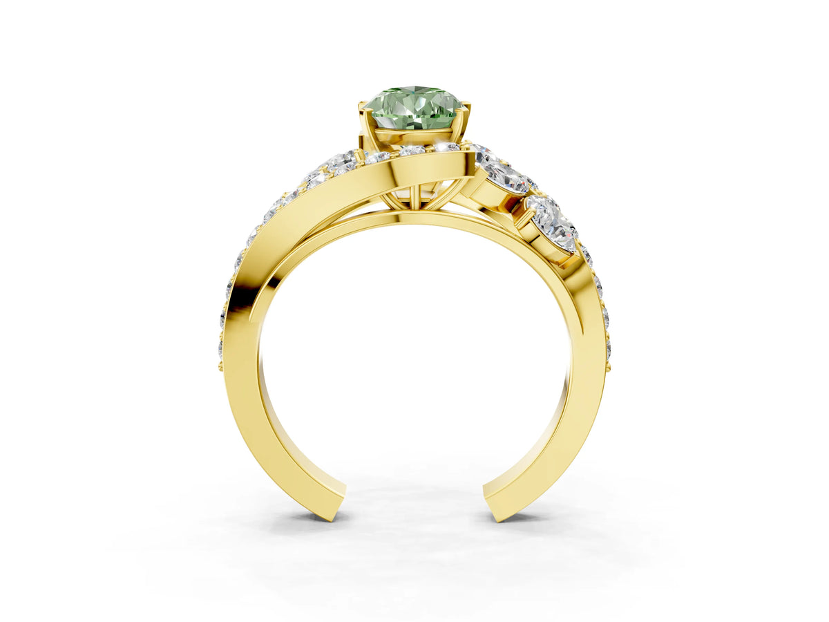 Fancy Green Pear Cut Diamond Halo Ring in Yellow gold with Marquise and Pavé Band in Prong Setting_3