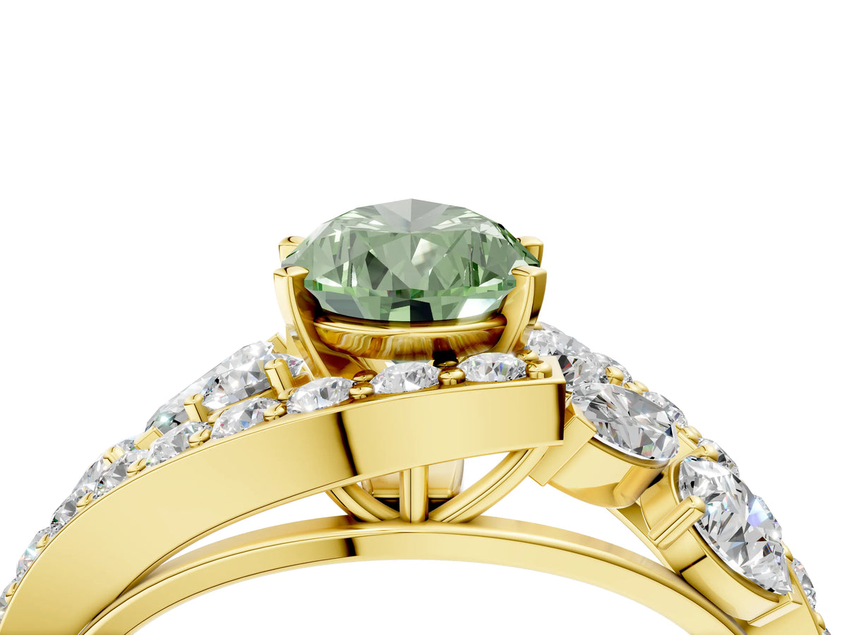 Fancy Green Pear Cut Diamond Halo Ring in Yellow gold with Marquise and Pavé Band in Prong Setting_4