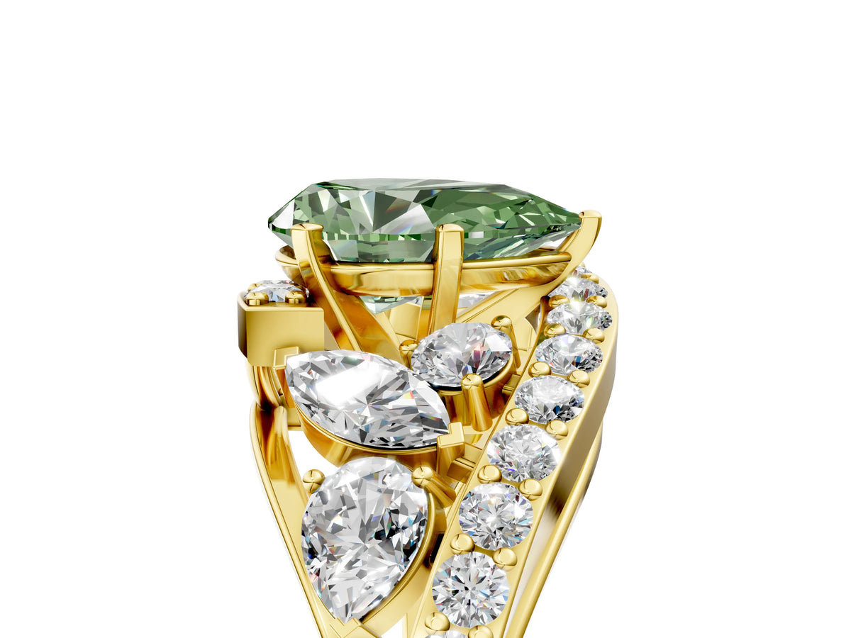 Fancy Green Pear Cut Diamond Halo Ring in Yellow gold with Marquise and Pavé Band in Prong Setting_5