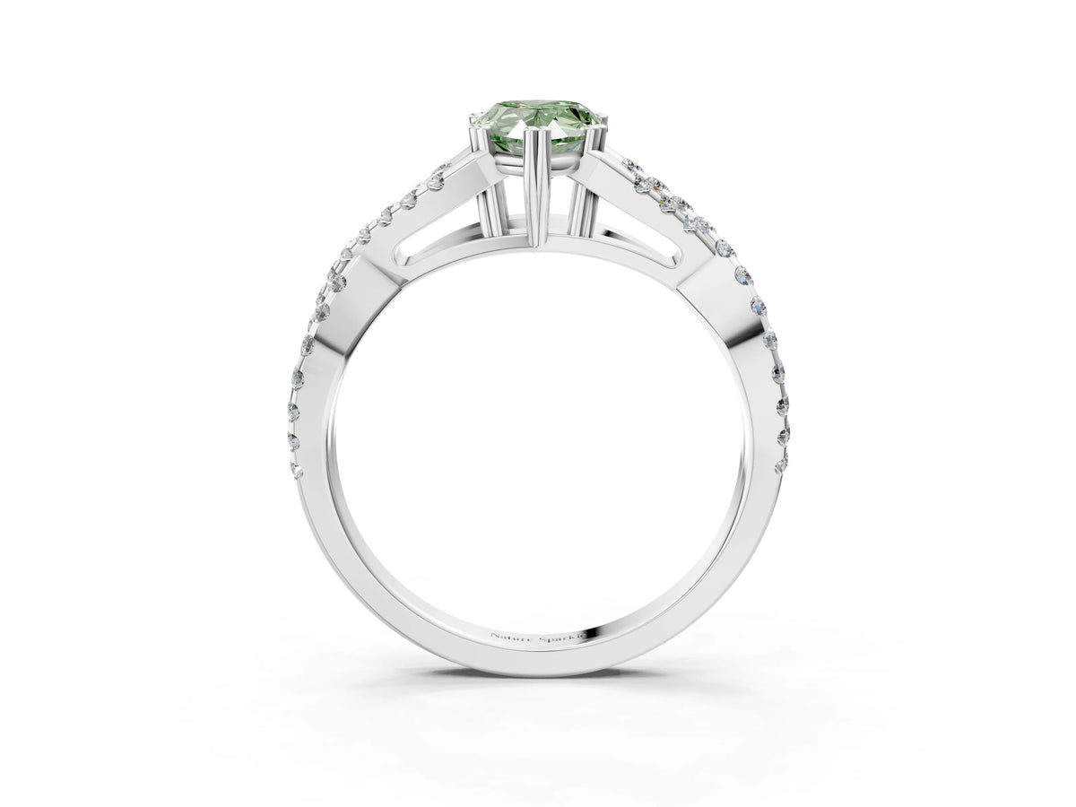 Fancy Green Pear Cut Diamond Solitaire Ring in Silver with Interwoven Pavé Band and Prong Setting_9